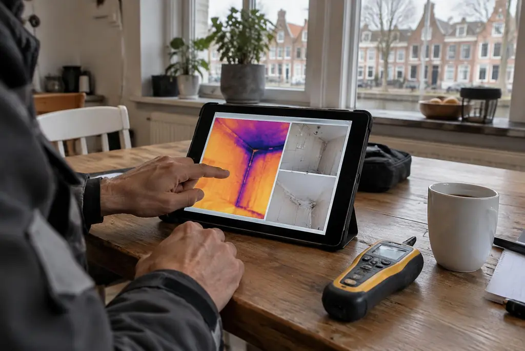 Lekdetectie Tienhoven – lekdetectierapport met warmtebeelden en foto's op een tablet