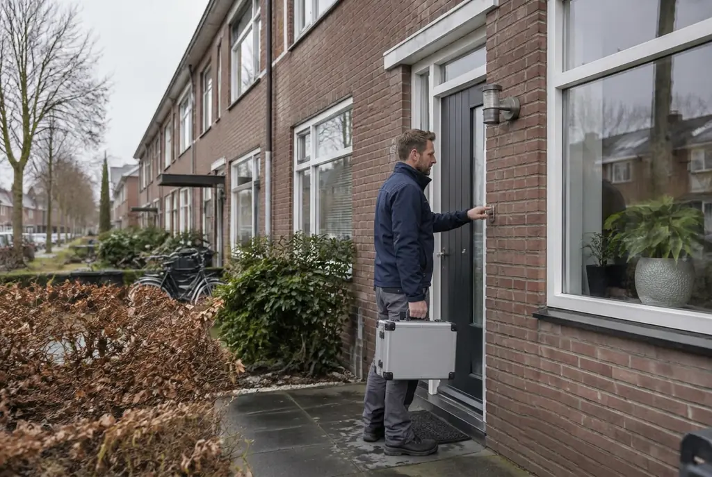 Lekdetectiespecialist met meetkoffer bij de voordeur van een woning in Tienhoven
